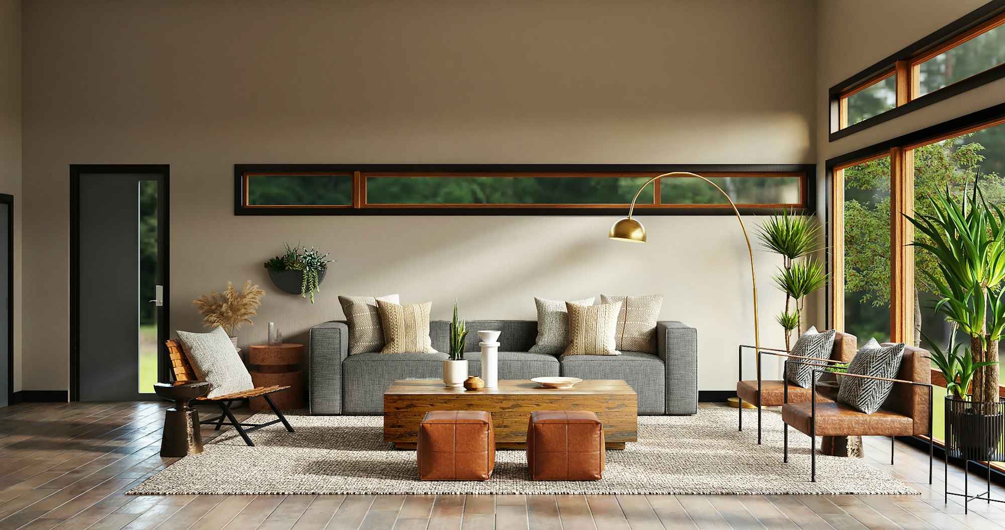Ruang tamu interior mewah warm minimalist dengan sofa kanvas, kayu natural, dan cahaya senja